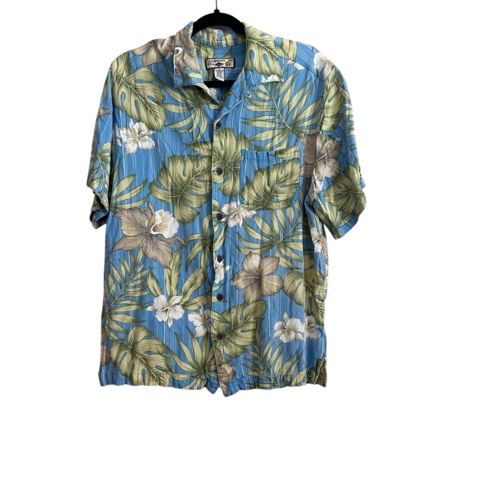 Vintage Caribbean Joe Blue and Green Floral Hawaiian Rayon Button Down Shirt Sm